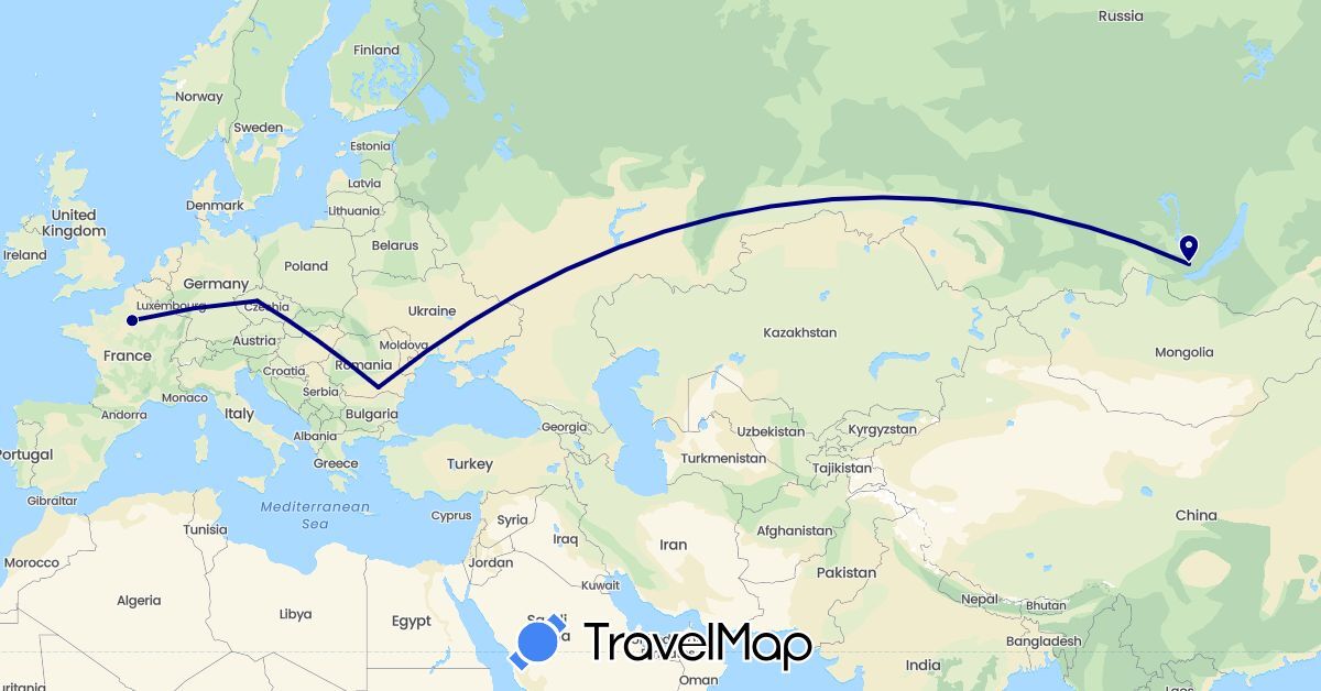 TravelMap itinerary: driving in Czech Republic, France, Romania, Russia (Europe)